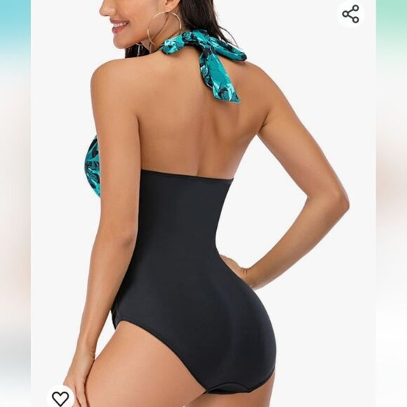 Black/Blue Tropical Print Halter Top Tummy Control Swimsuit Size Large NWOT - Picture 2 of 4